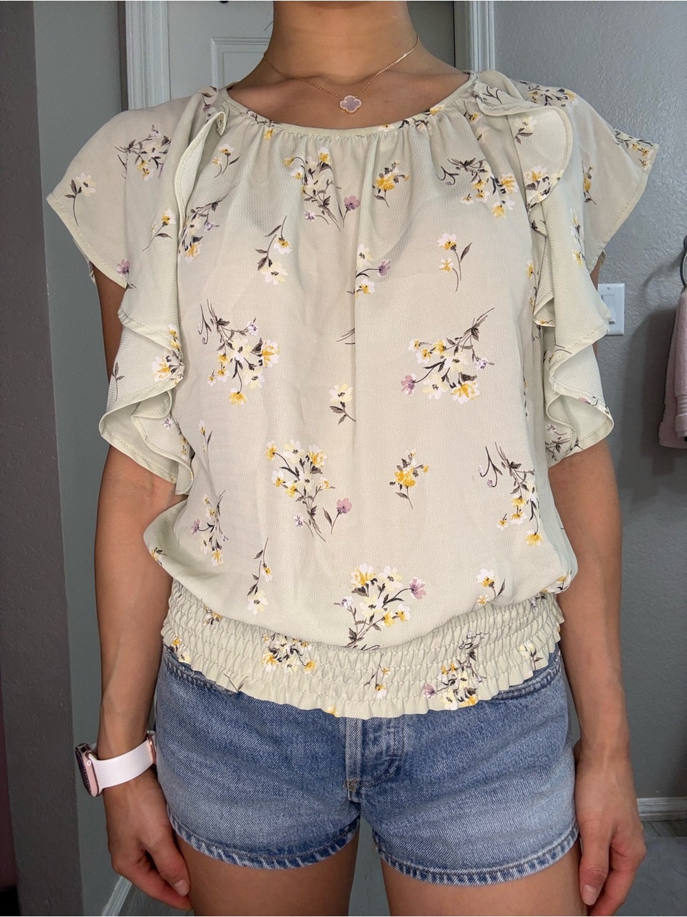 Floral Ruffle Short-Sleeve Peasant Top - Sage